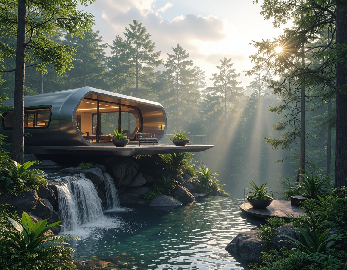 Glass & metal deck on futuristic mountain home