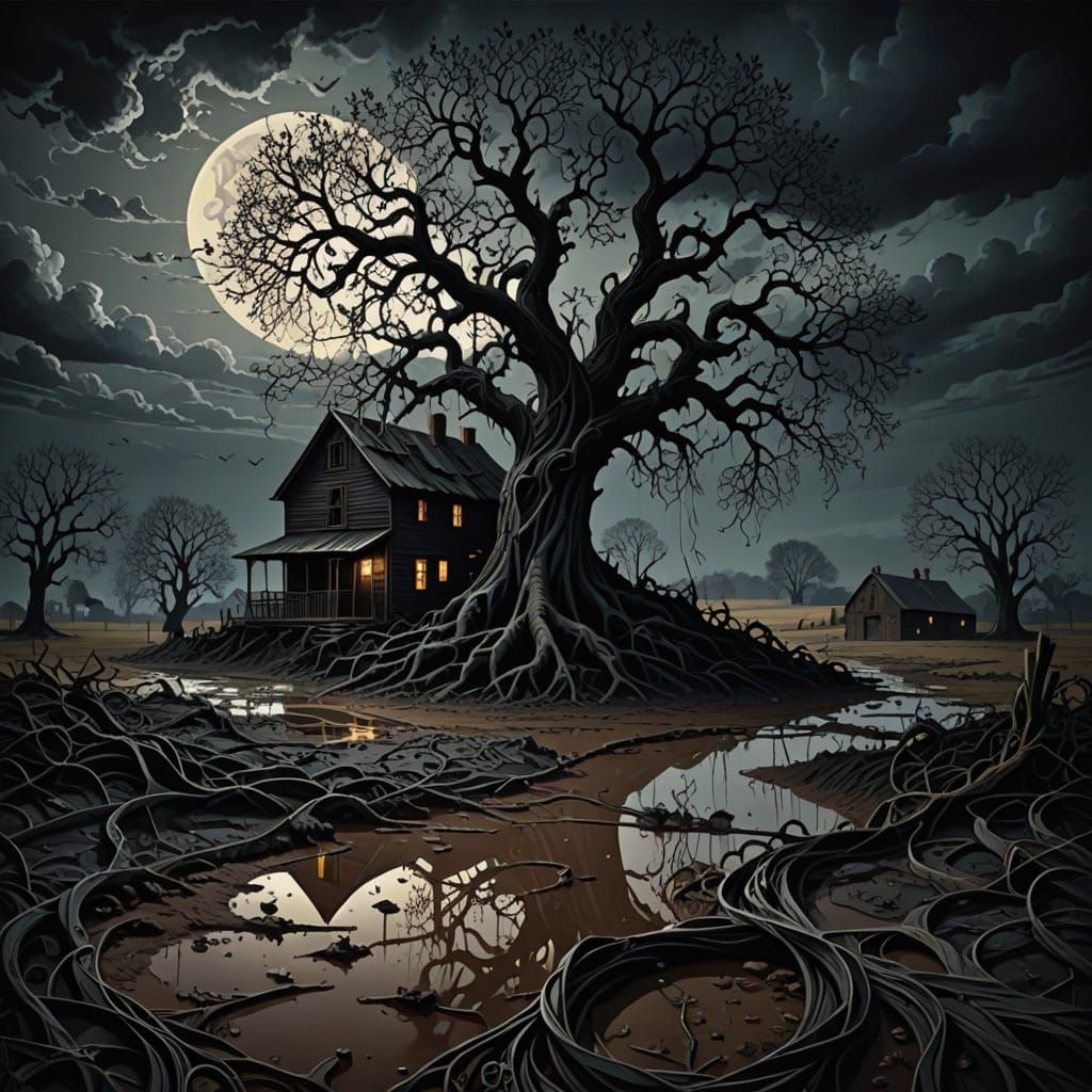 Scary Desolate Farm Landscape in Dark Vintage Art Style