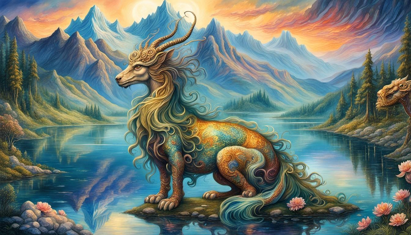 Mythical Creature by Lake: Solarpunk Fantasy Art