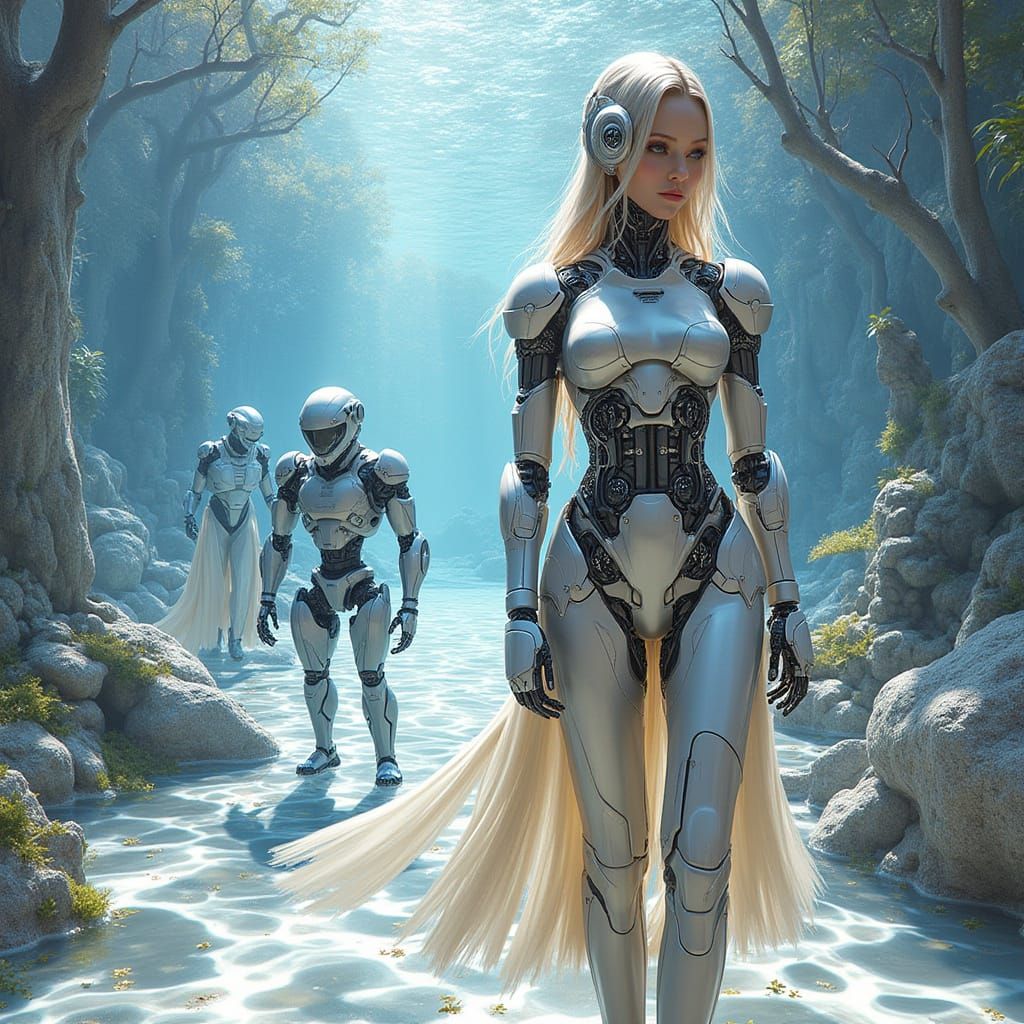 Glowing Metallic Companion in Neon Underwater Scene