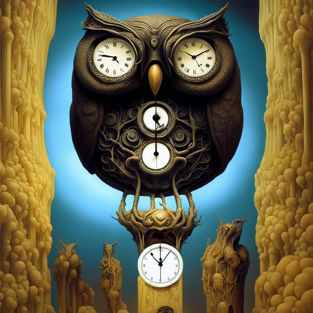 Surreal Floating Owl Clock in Soft Lighting