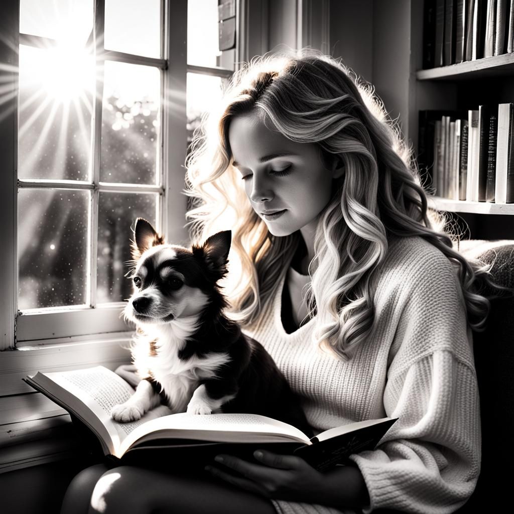 Woman Reading in Sunbeams: Black and White Photo