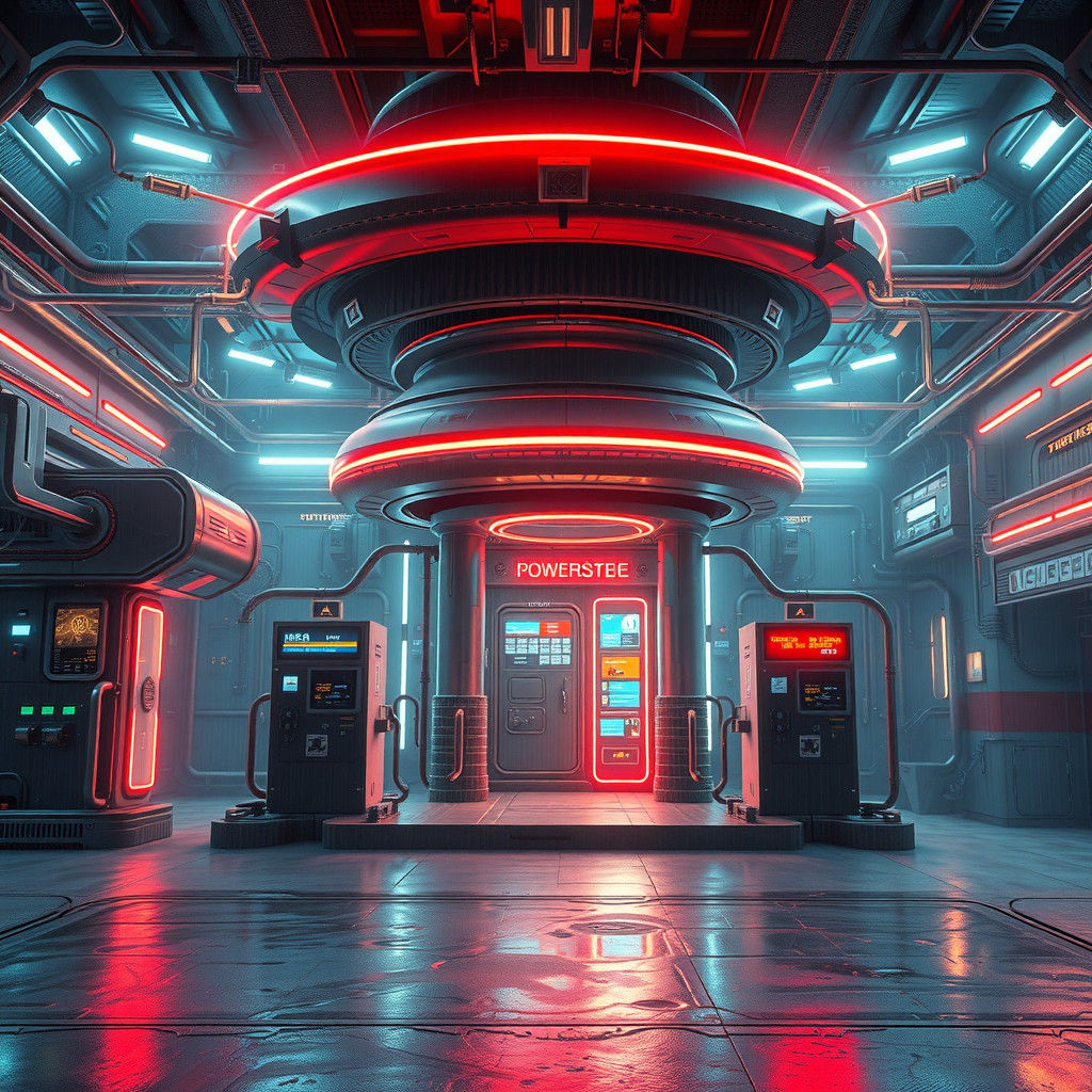 Alien Spaceship Power Station with Neon Lighting