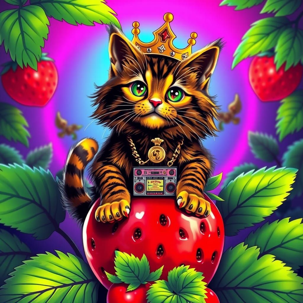 Anthropomorphic Cat Rapper on Strawberry in 80s Neon Style