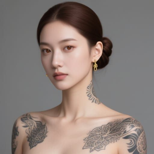 Intricate Tattoo Motifs on Shoulders, Photorealistic Portrai...