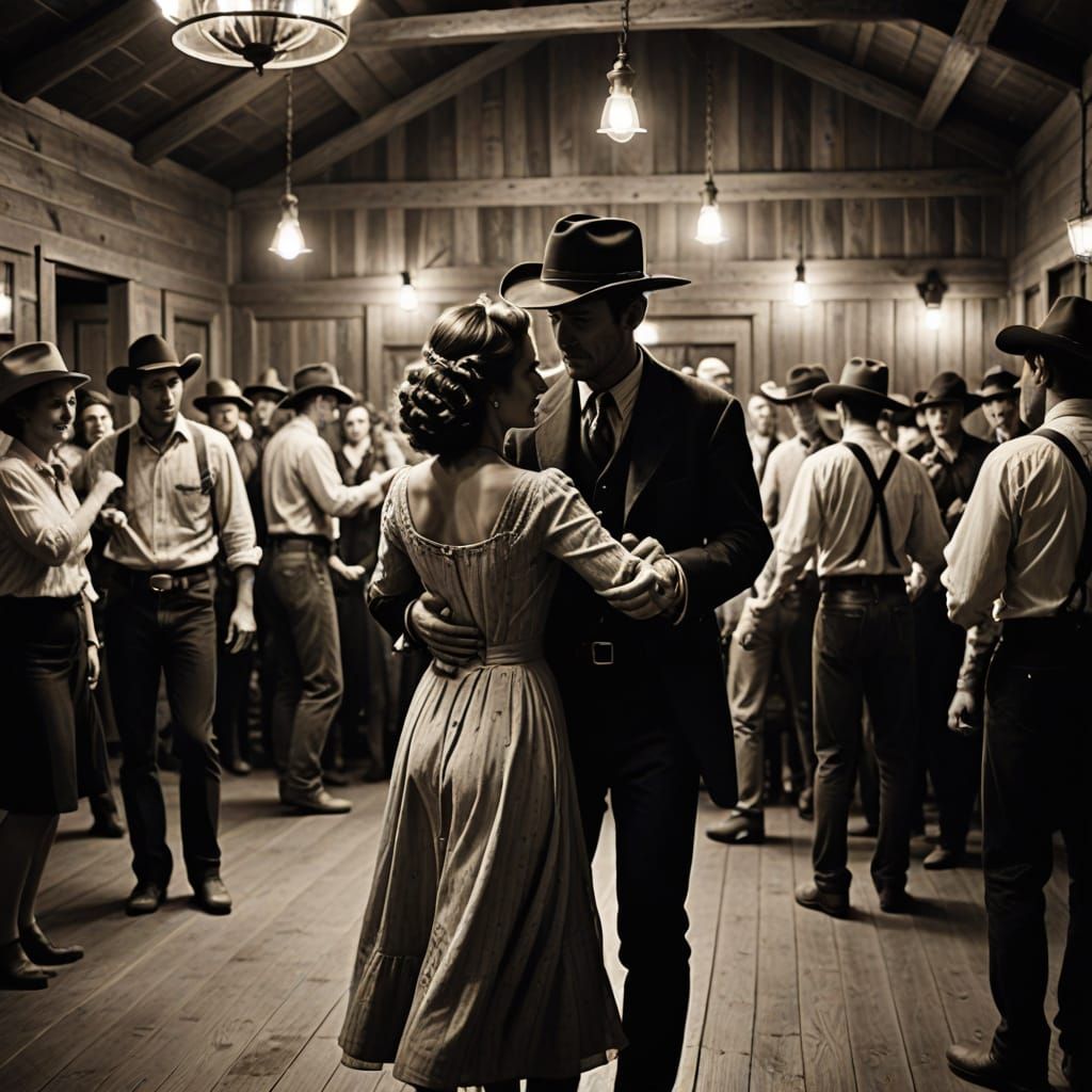Vintage Black and White Dance Hall Scene in Film Noir Style
