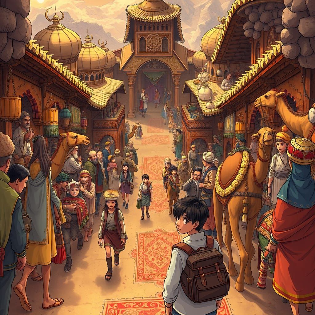 Bustling Silk Road Caravanserai in Anime Style