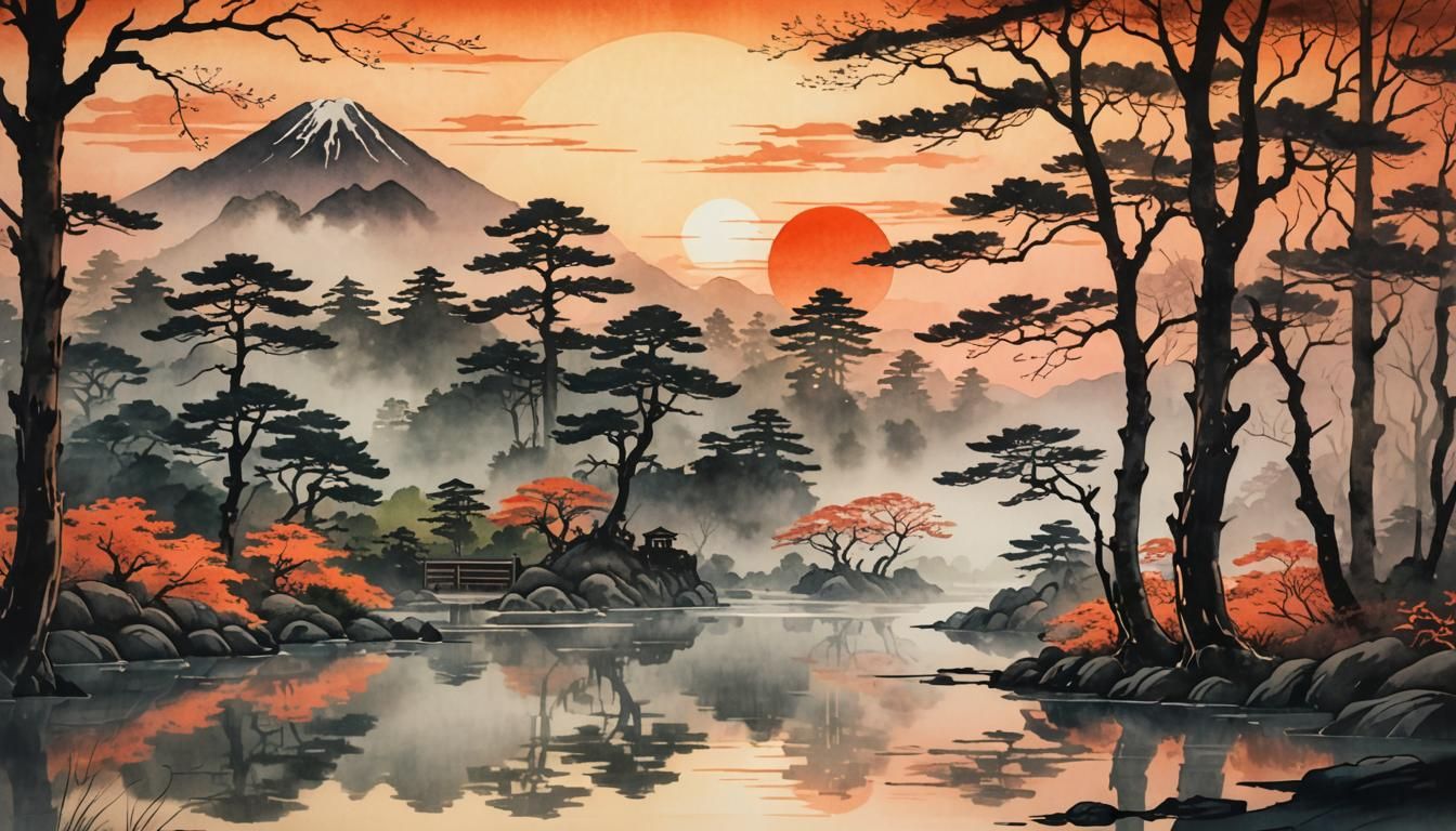 Vibrant Ukiyo-e Dream: Serene Japanese Landscape