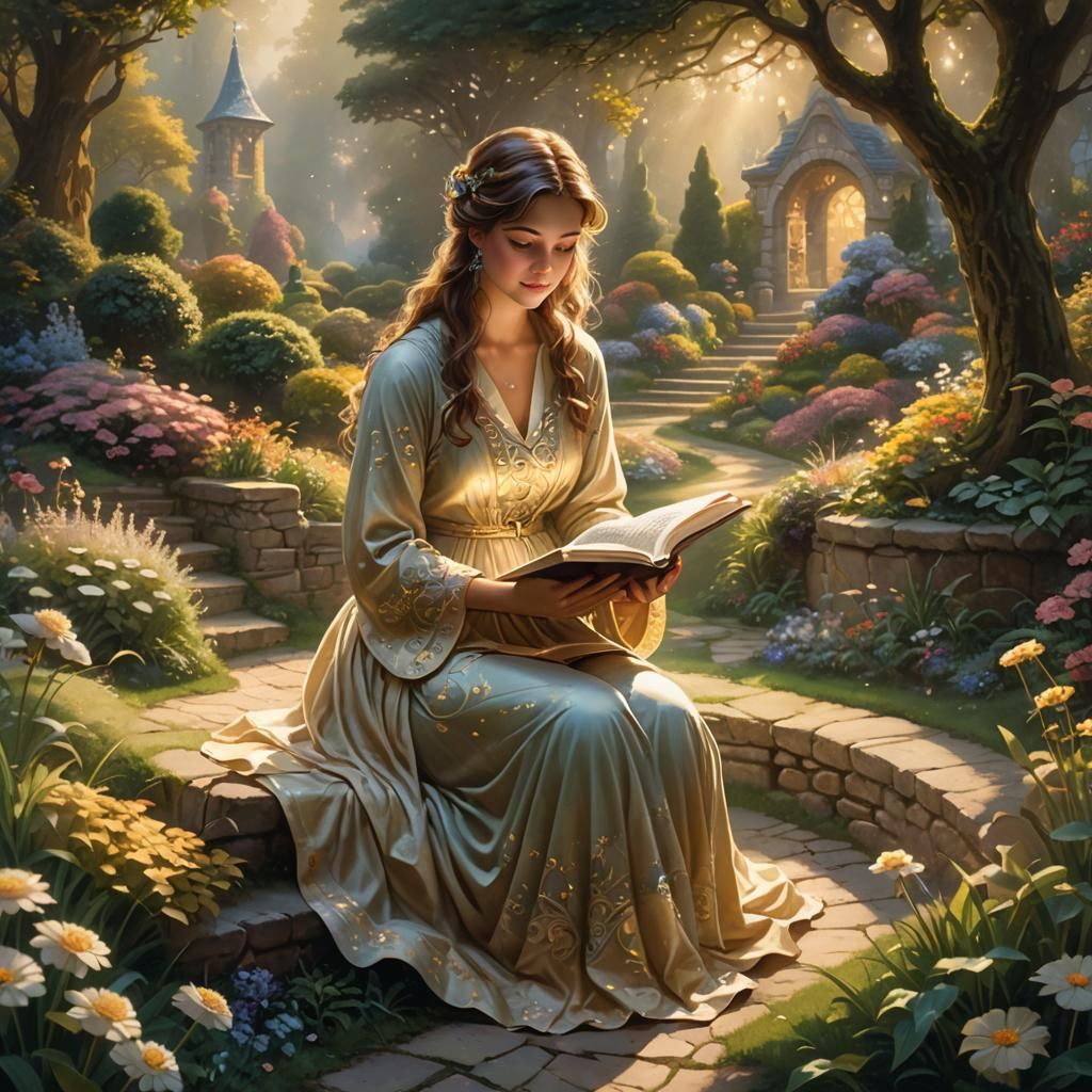 Ethereal Garden Scene with Reader in Golden Light