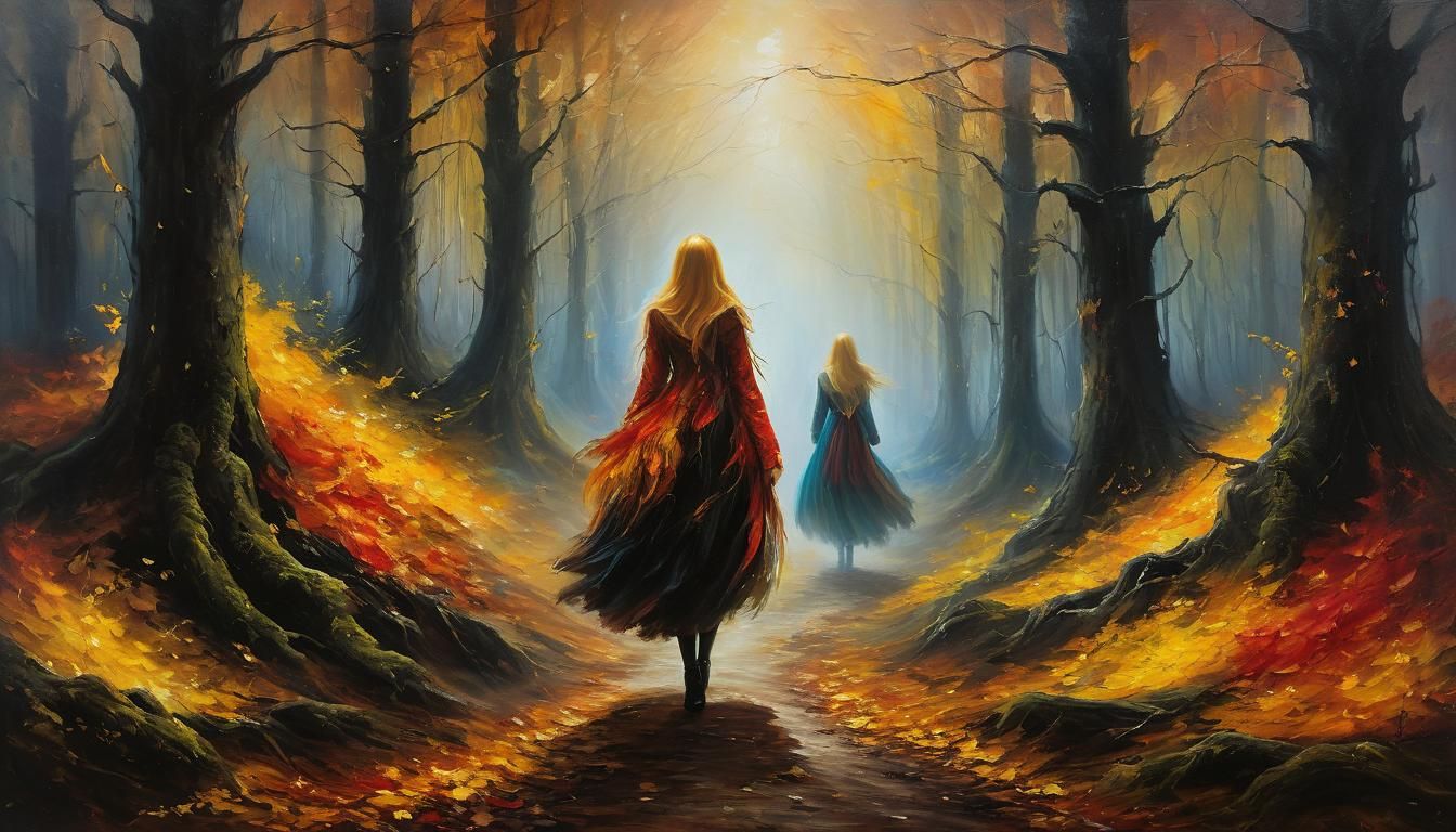 Autumnal Women in Haunted Forest, Expressionistic Oil Painti...