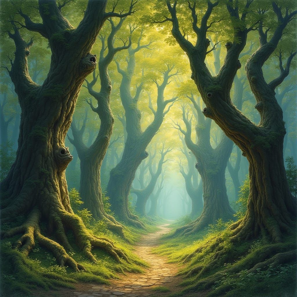 Ancient, Gnarled Forest in Mystical, Emerald Hues
