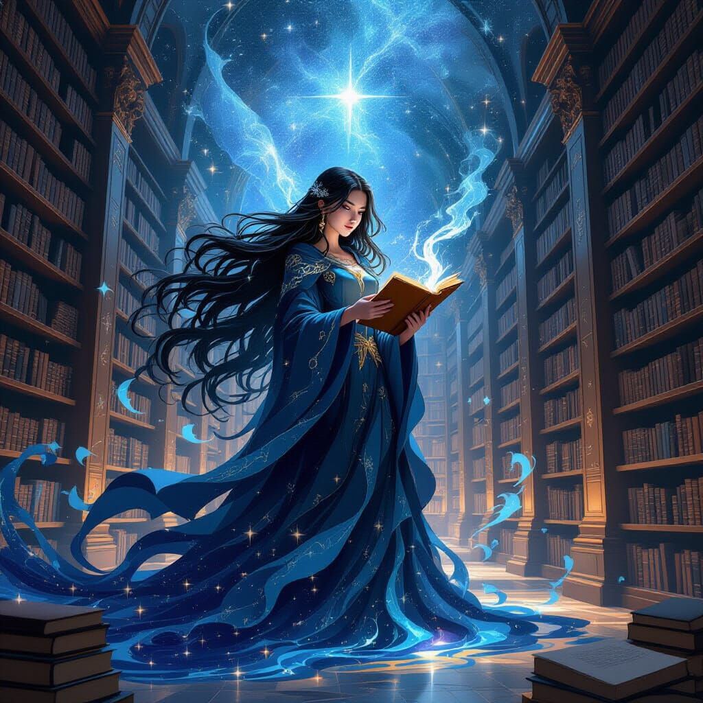Cosmic Scholar of Ink and Parchment in Celestial Library
