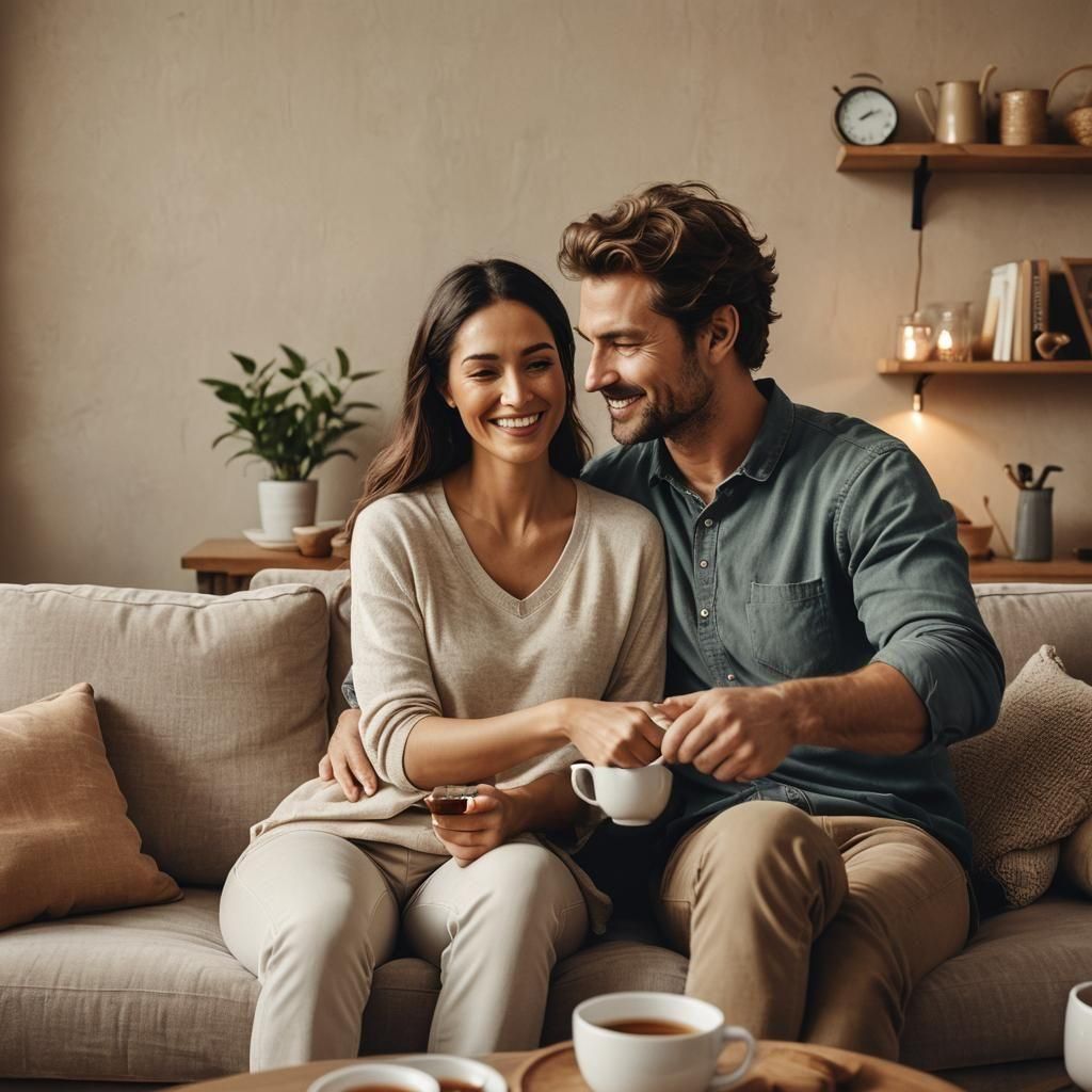 Cozy Home Interior with Couple in Warm Lighting