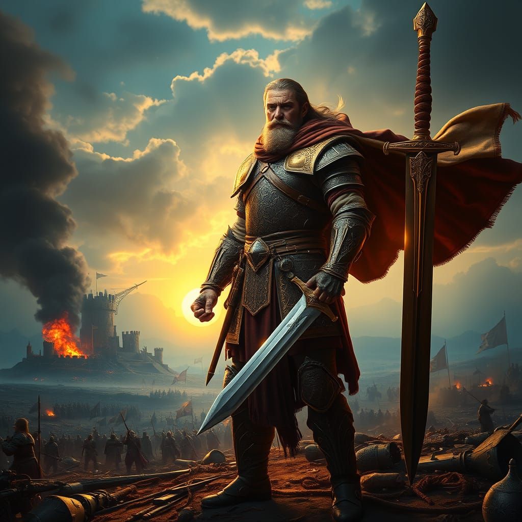 Epic Hero Stands Tall in Dawn's Golden Light