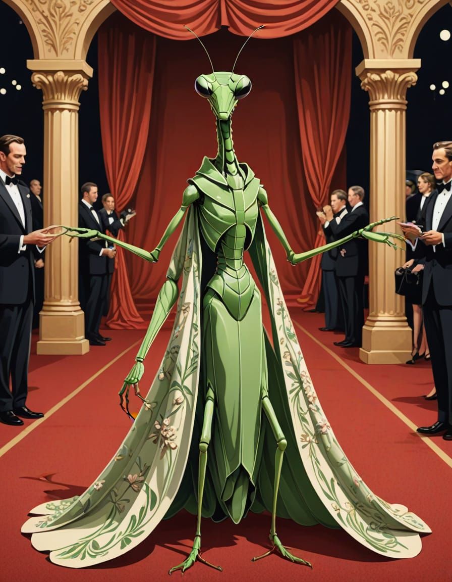 Glamorous Parisian Mantis in Vintage Gown