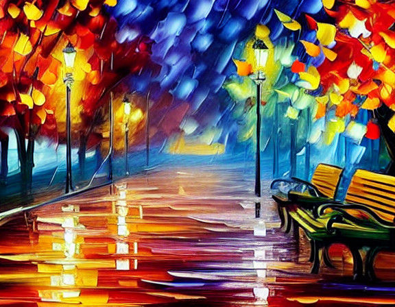 Vibrant Autumn Night in a Rain-Soaked Park - Neo-Impressioni...