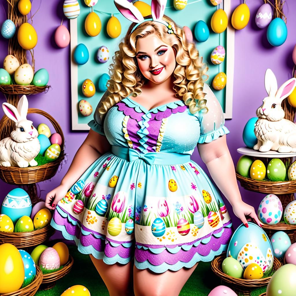 Curvy Woman in Easter Dress with Decorations
