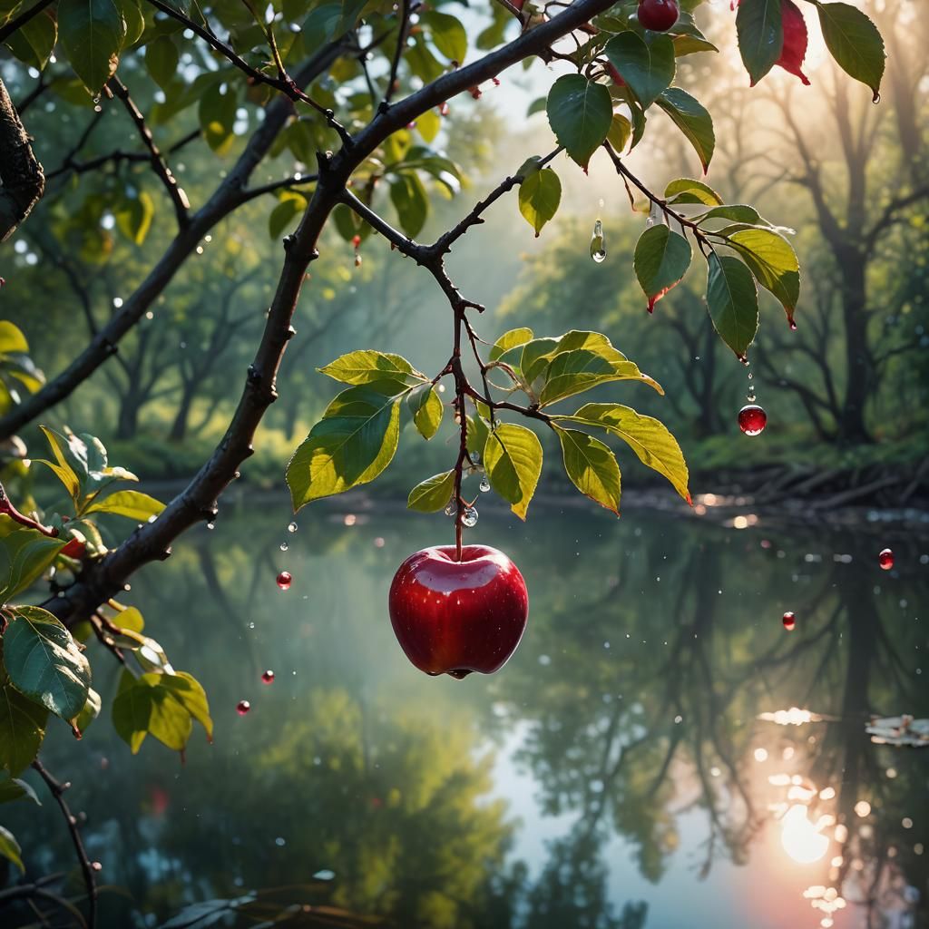 Ruby Apple with Dewdrop in Ethereal Light