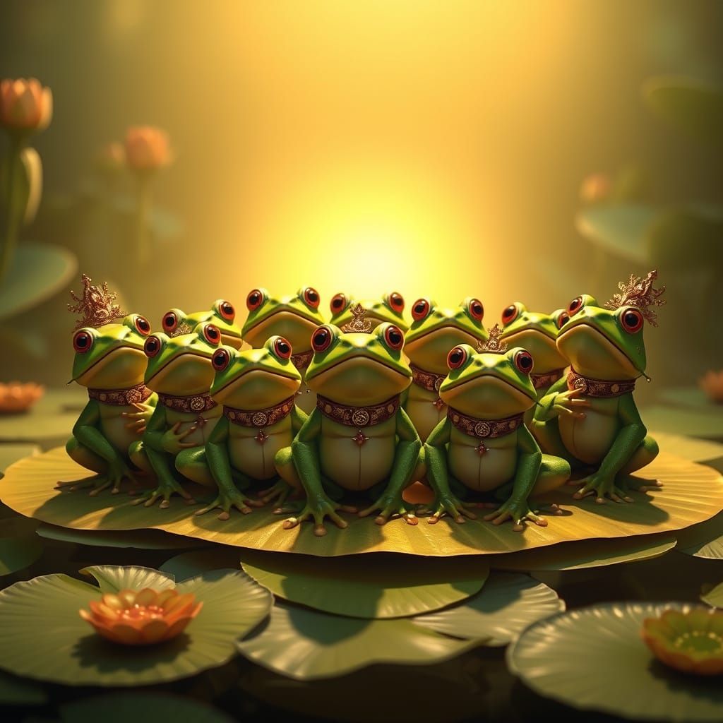 Surreal Opera House of Vibrant Green Frogs in Golden Light