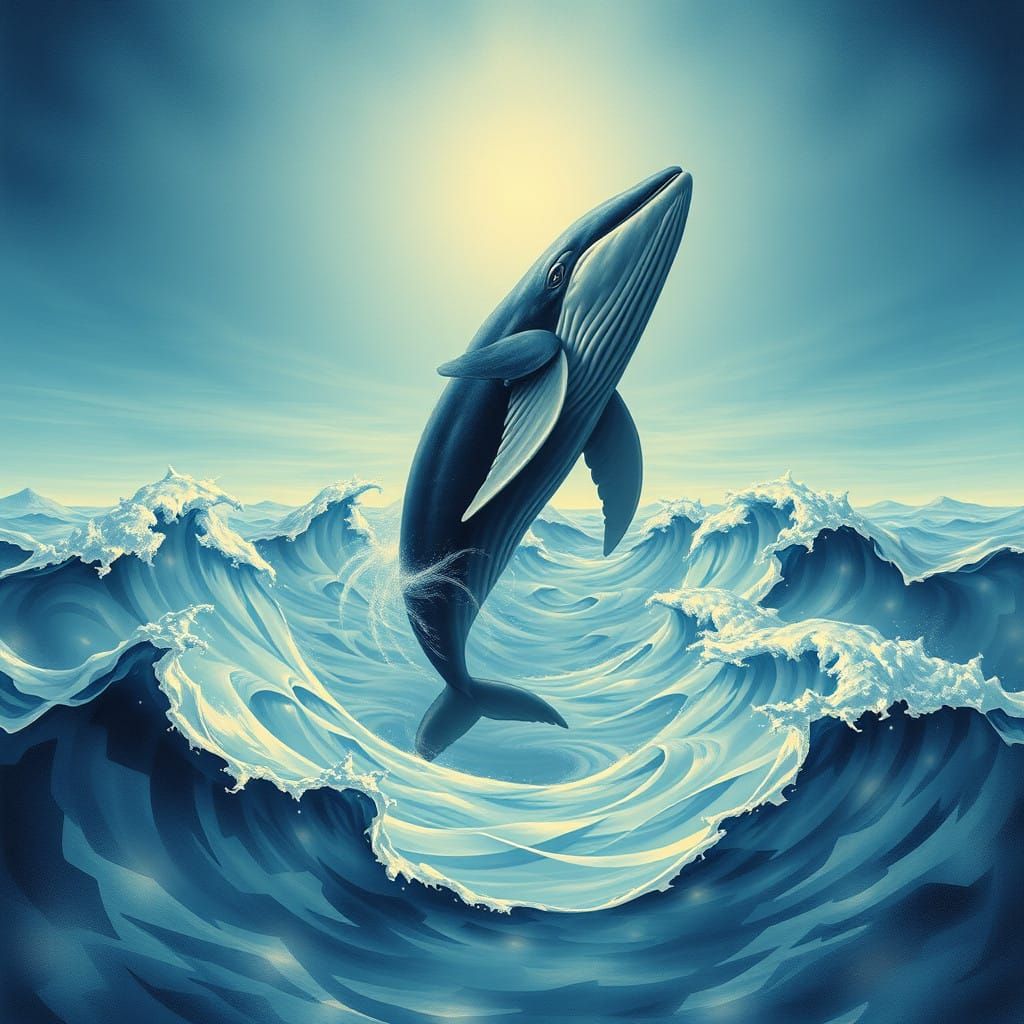 Escher-Style Whale in Dreamlike Oceanic Geometry
