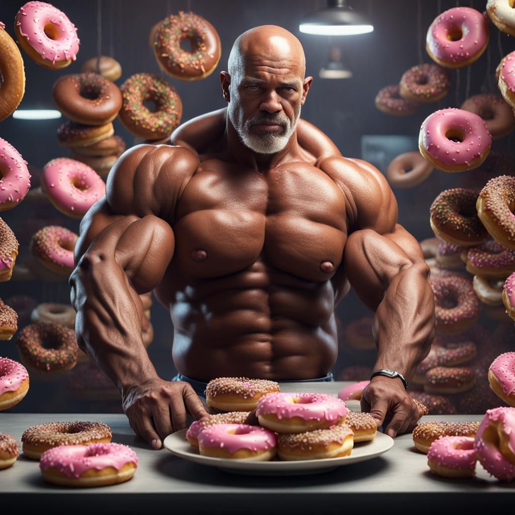 Bodybuilder Man Shows Donuts: Detailed Fantasy Art