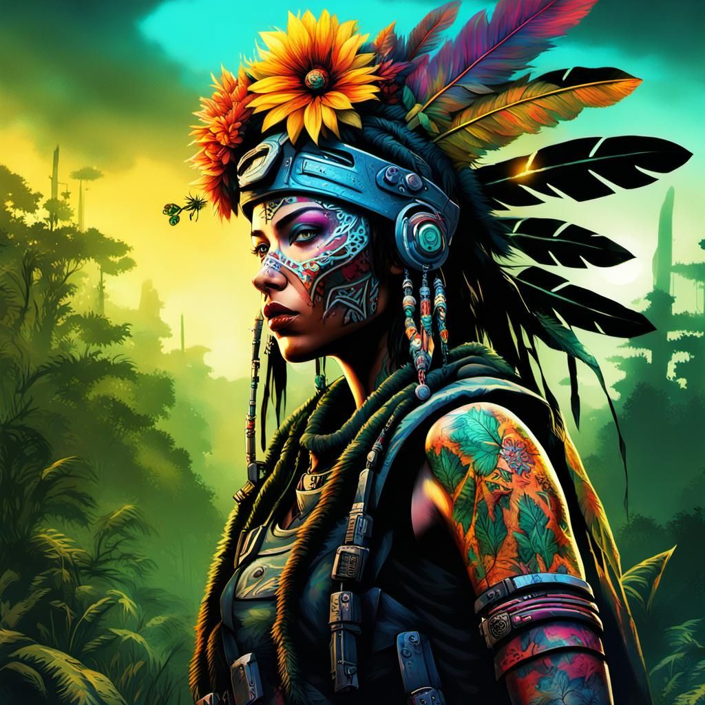 Cyberpunk Amazon Warrior in Post-Apocalyptic Rainforest