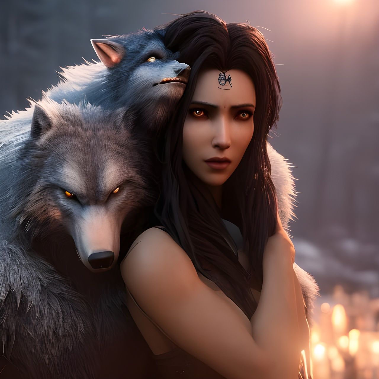 Hyperrealistic Ice Werewolf Embracing Woman in 8k