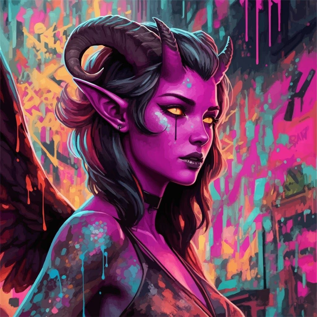 Polychromatic Tiefling in Urban Pixel Art Style