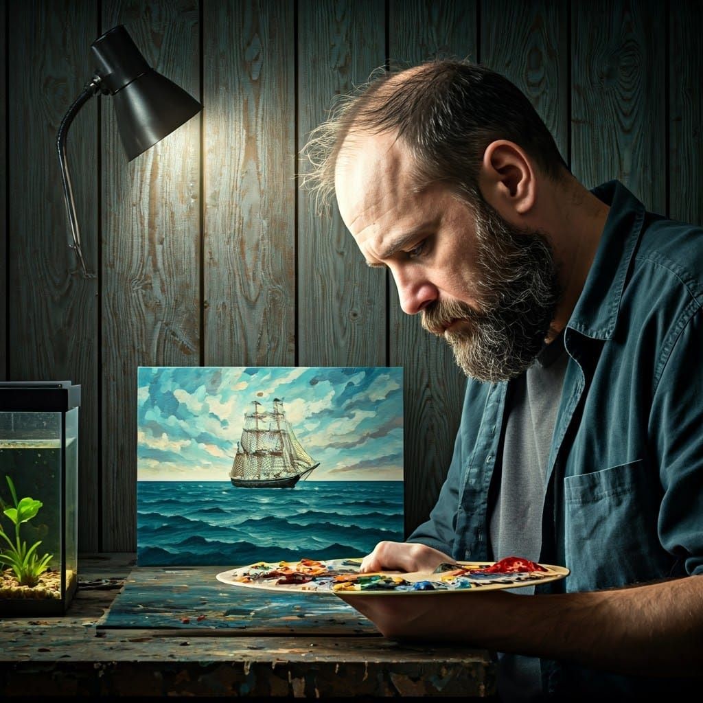 Middle Aged Man Lost in Thought, Painting Sailing Ship with ...