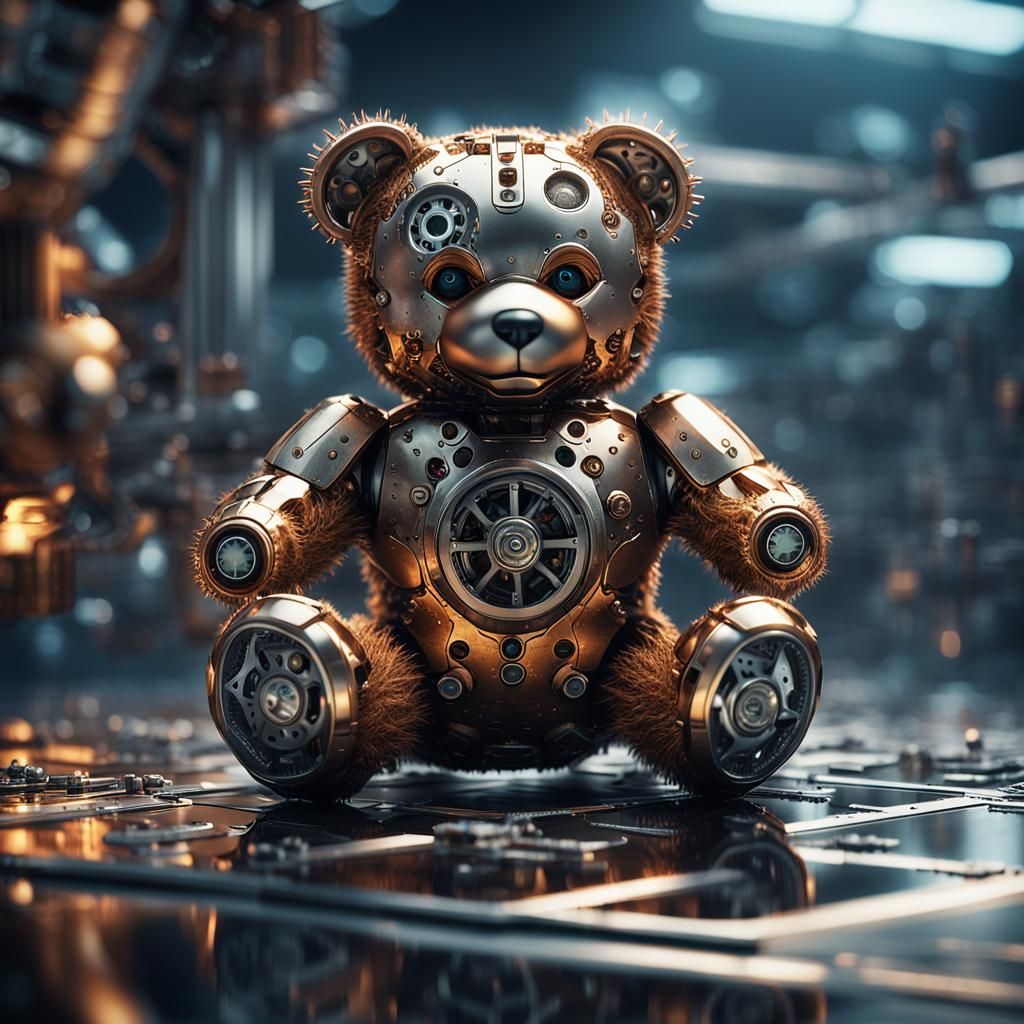 Cybernetic Teddy Bear in Sci-Fi Cityscape