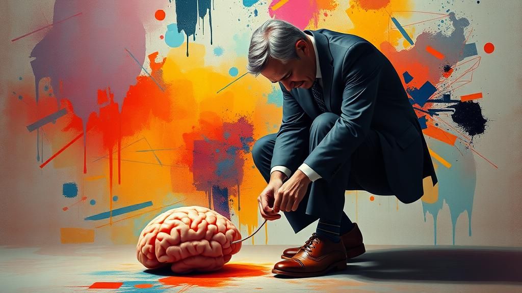 Surrealist Man Contemplates Brain in Abstract Dreamscape