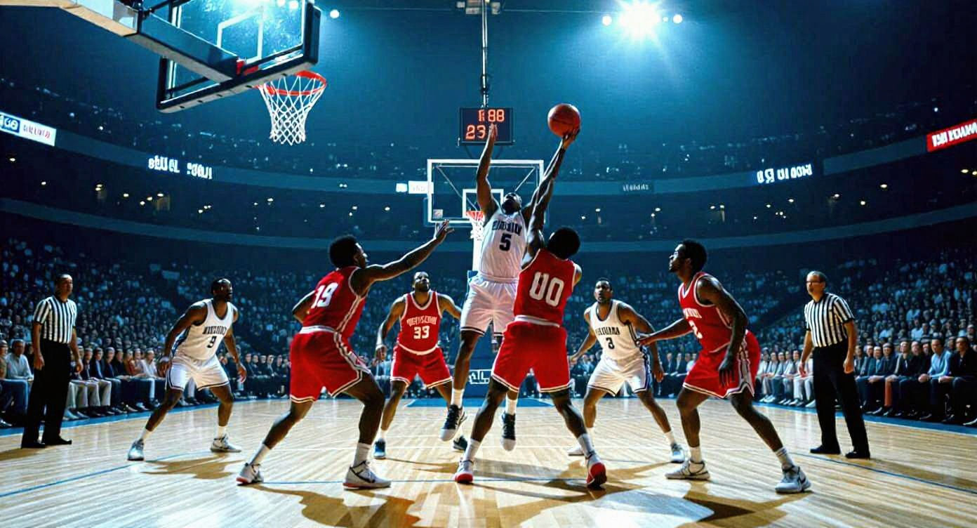 Tense Evening Basketball Game in Cinematic Style