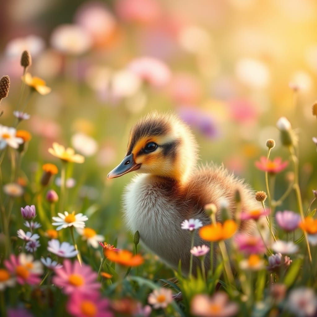 Whimsical Duckling in a Wildflower Meadow