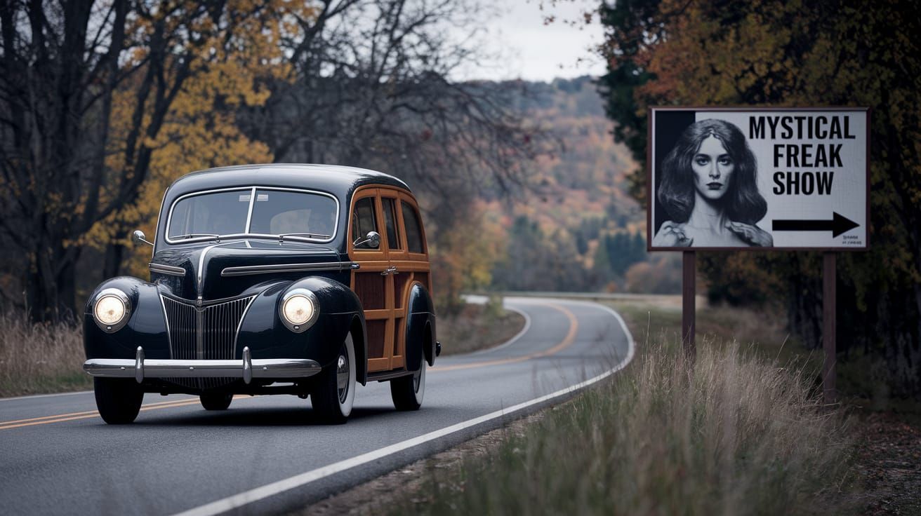 Mysterious Autumn Roadside Encounter in a Fairytale Style