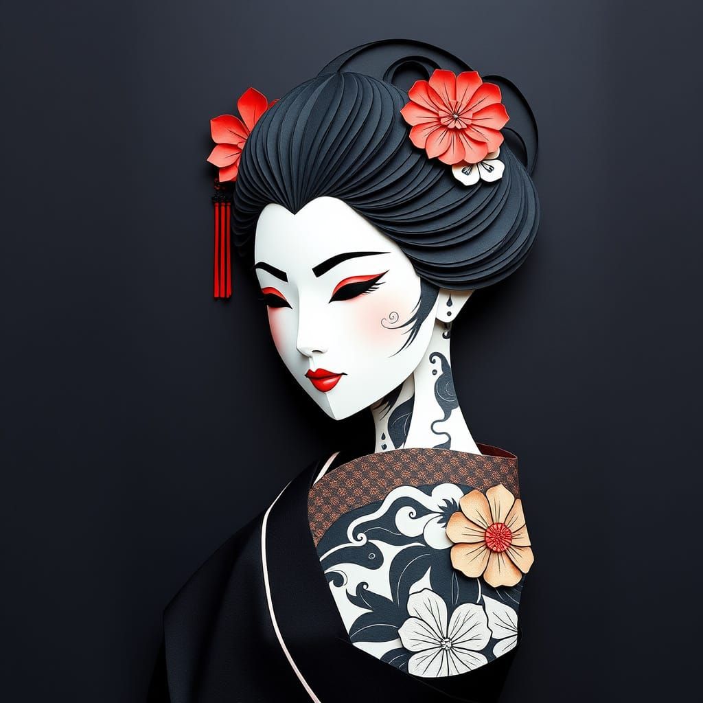 Tattooed Geisha Portrait Crafted from Origami Paper