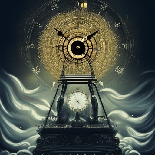 Ethereal Clock Amidst Stormy Skies in Black and White