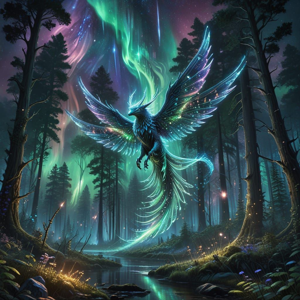 Bioluminescent Forest Under Aurora With Radiant Comet