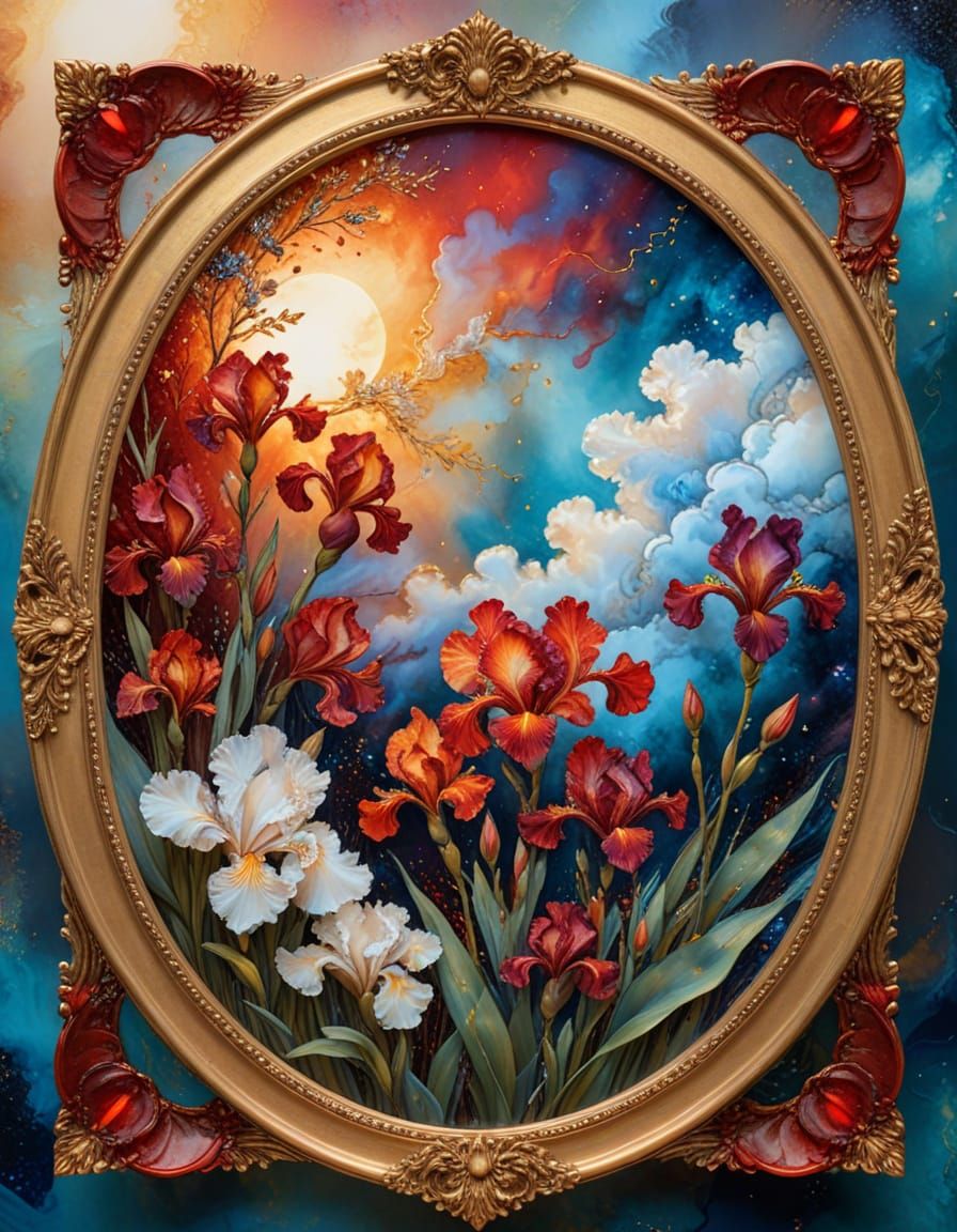 Blue Tint Alcohol Ink Art with Red Irises and Gold Frame