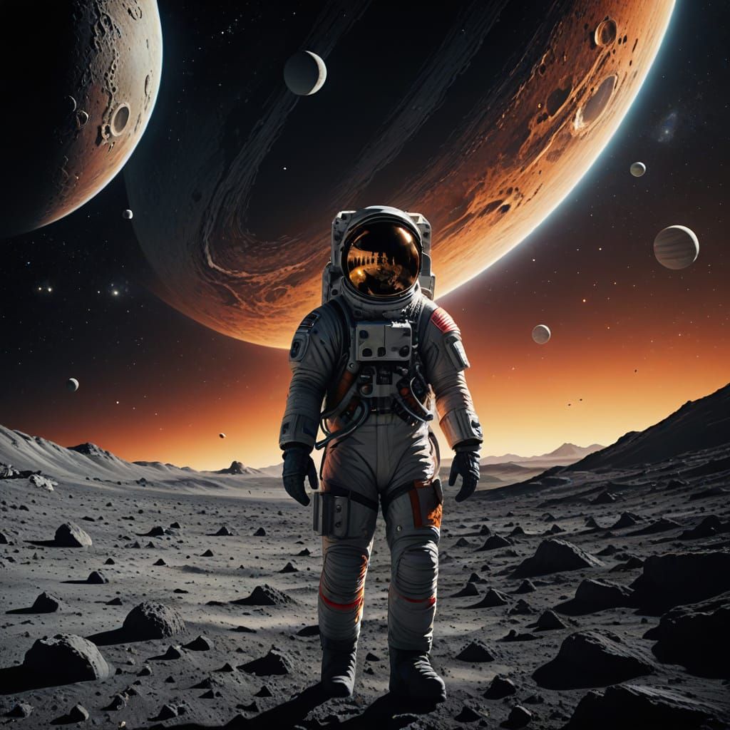 Astronaut in Majestic Lunar Landscape with Saturn's Glow