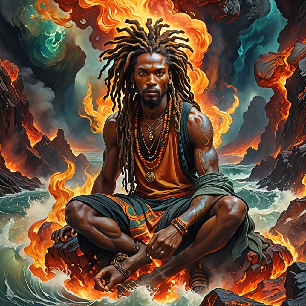 Fiery Dreadlocked God Portrait in Pre-Raphaelite Style