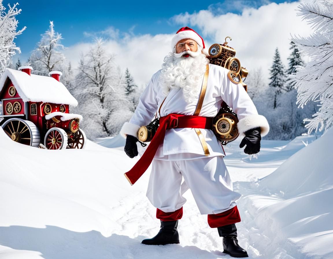 Steampunk Santa Claus in Snowy Christmas Landscape