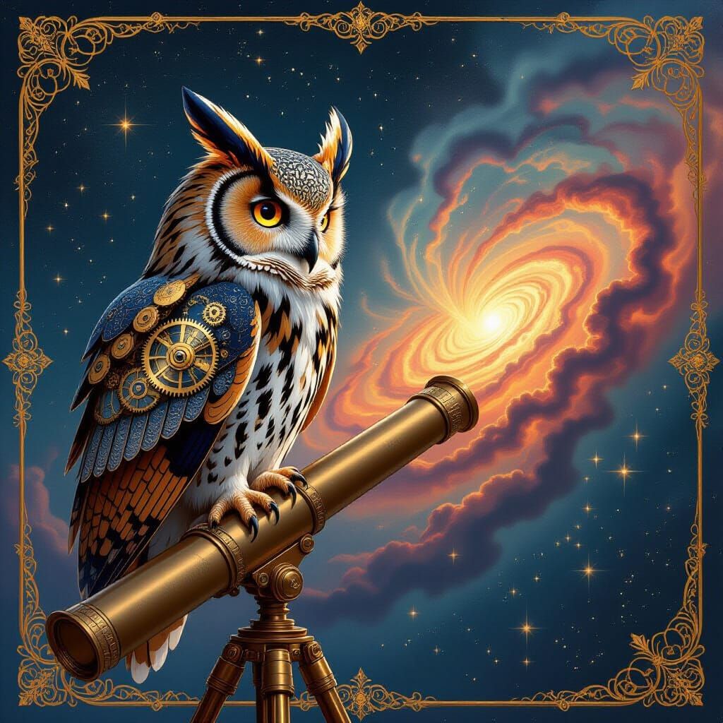Clockwork Owl on Telescope Amidst Nebula in Fantasy Style