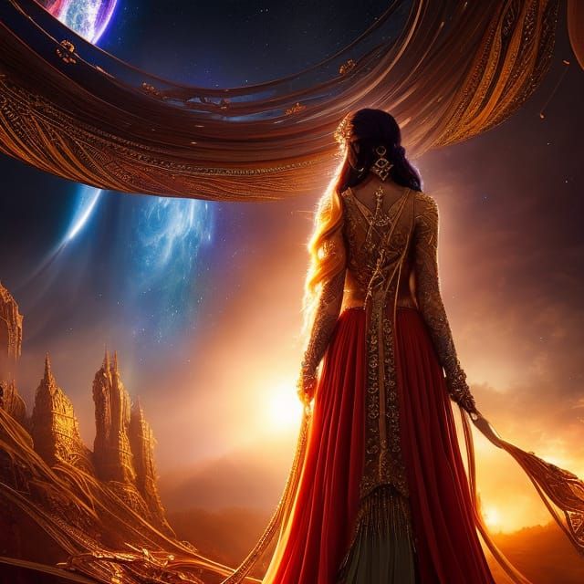 Woman with Galaxy Hair Holding Balanced Scales