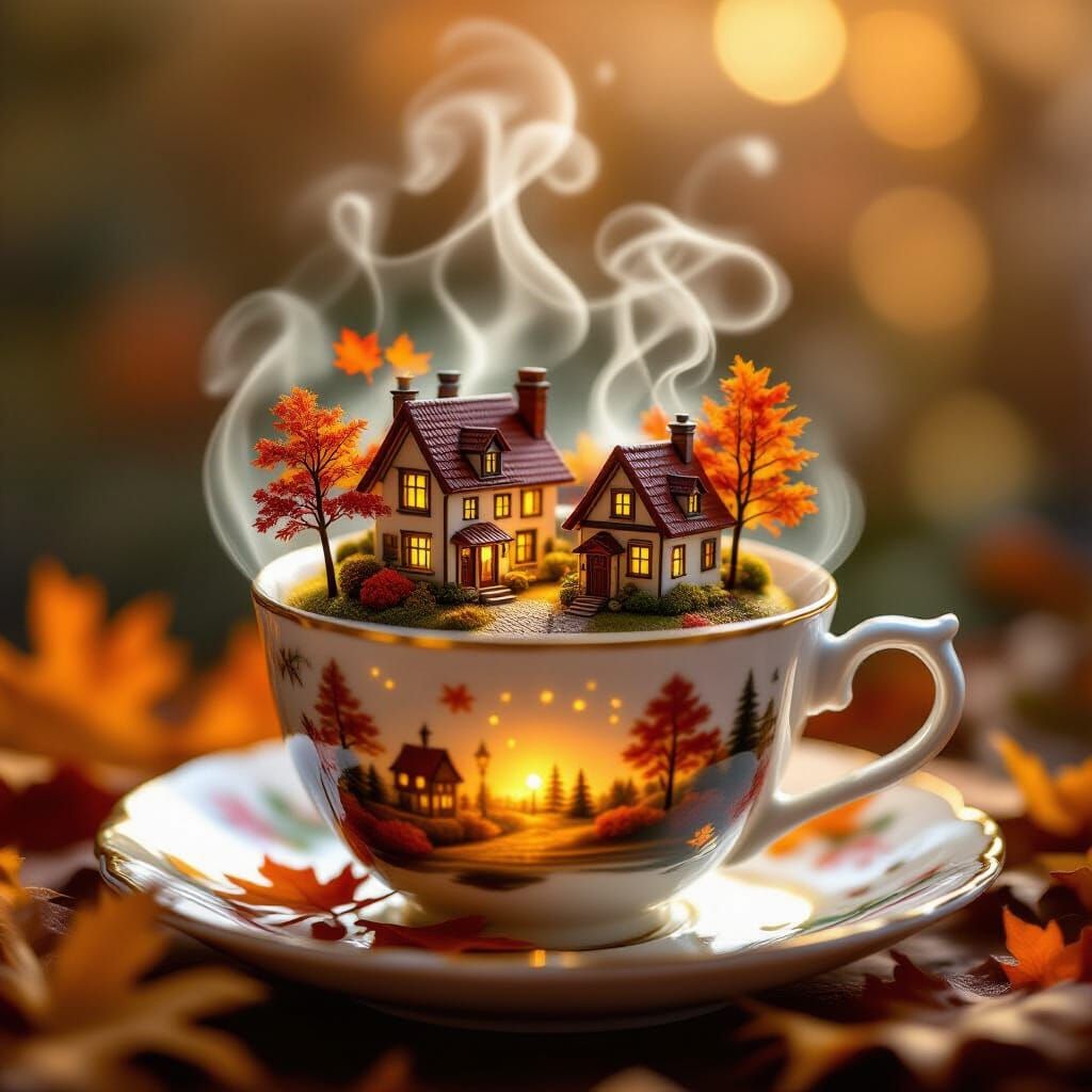 Autumn Village in Teacup Macro Photo