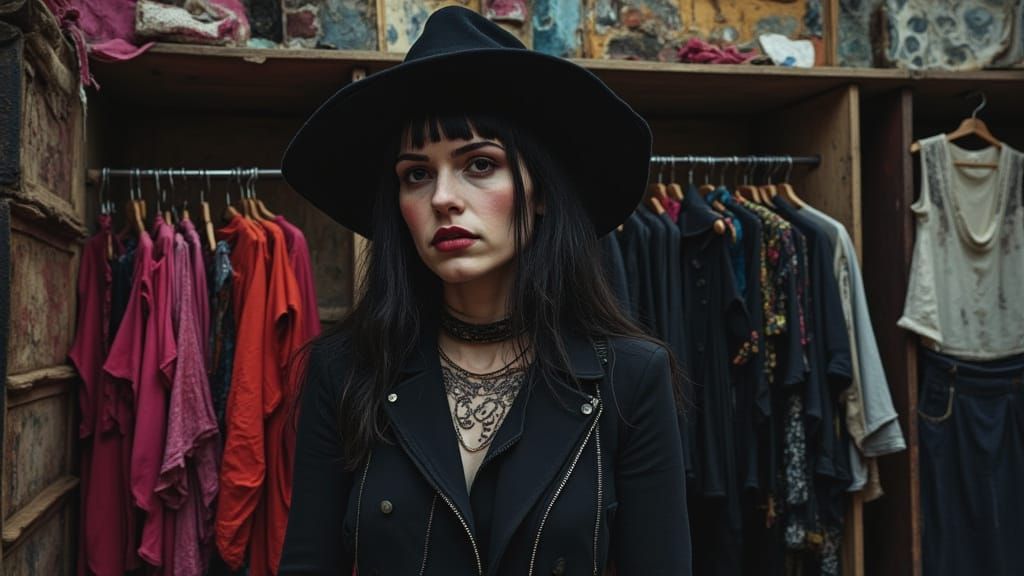 A female gothgrunge witchwave indie shoegaze model shows her walk-in closet wardrobe <lora:Linen and Canvas:1.0> <lora:9...