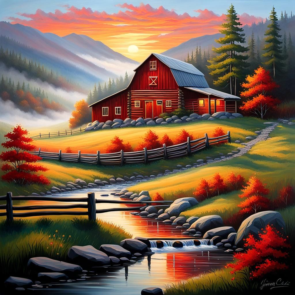 Valley Cabin at Sunrise in Impasto Style