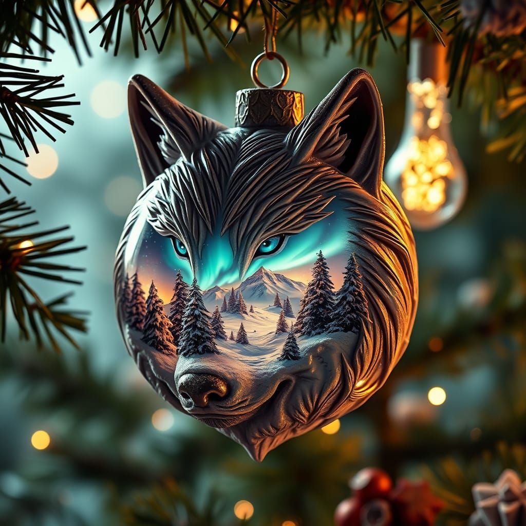 Surreal Wolf Bauble on Christmas Tree