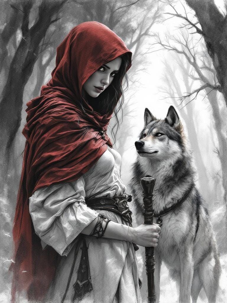 Woman with Wolf in Misty Forest: Charcoal Sketch