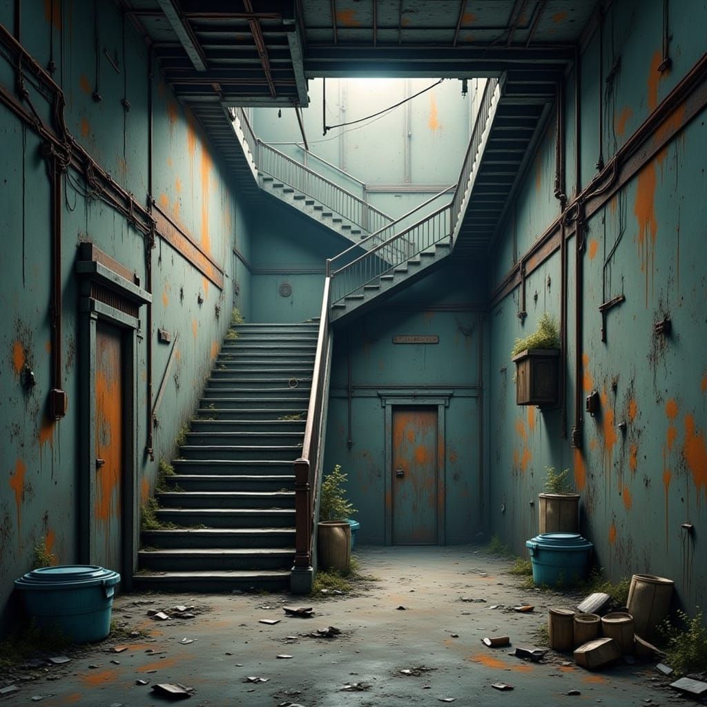 Surreal Stairwell Between Planes, Art Nouveau Style