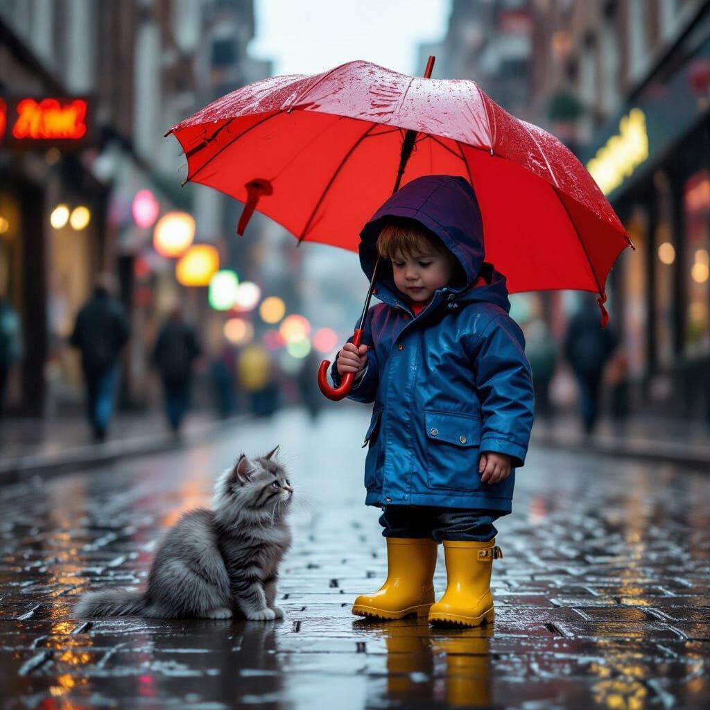 Boy Shelters Kitten Under Umbrella on Wet City Street